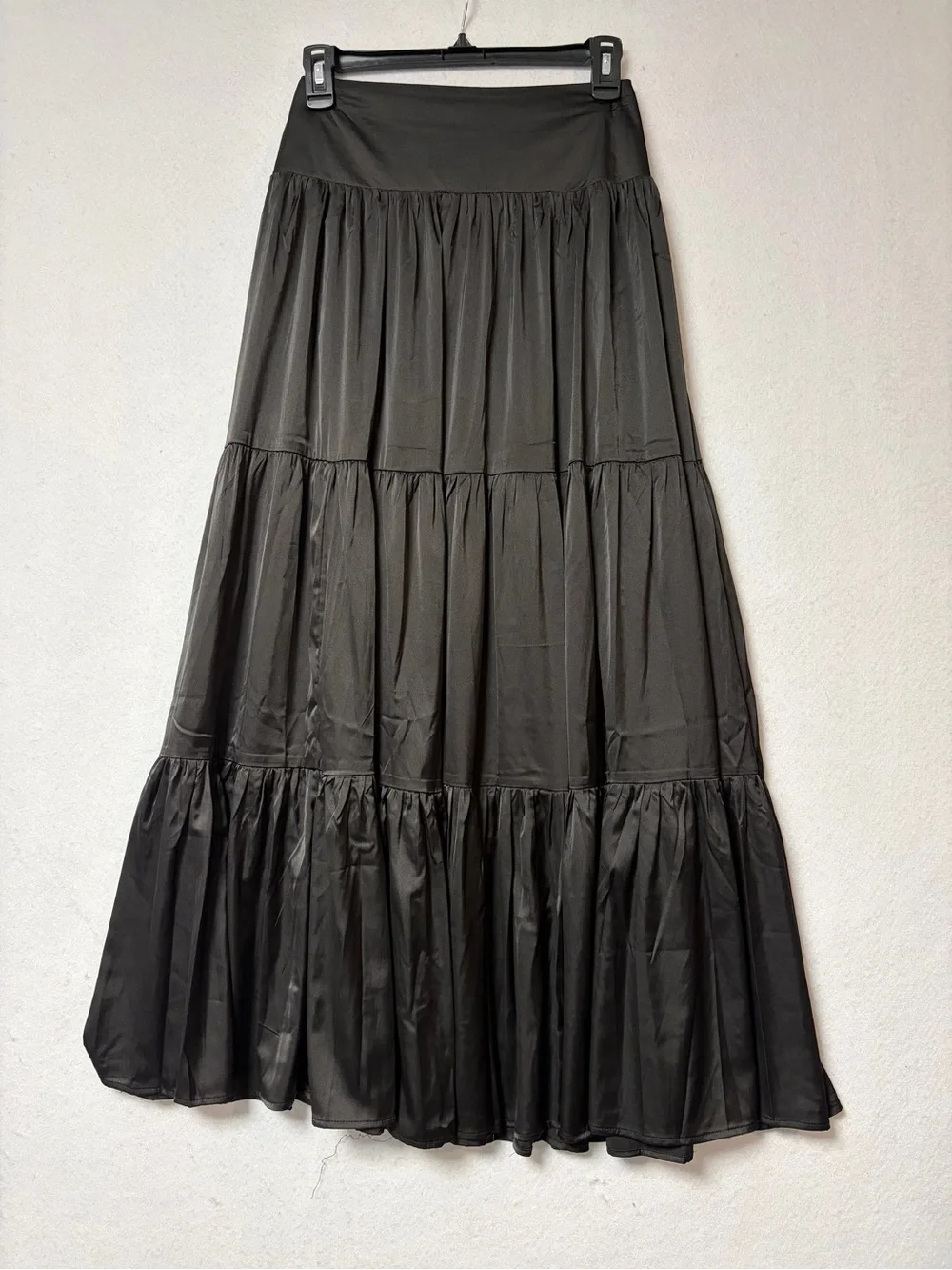 Natural Life Black Satin Boho Maxi Skirt Flowy Tiered Cottagecore Size Medium